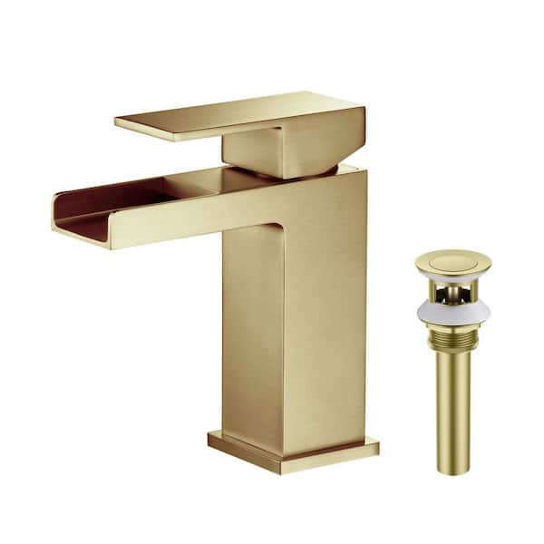 Single Hole Waterfall Single Handle Bathroom Vanity Sink Faucet with Pop Up Drain in Brushed Gold
