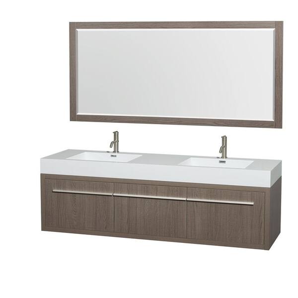 Wyndham Collection Axa 72 in. Double Vanity in Gray Oak with Acrylic Resin Vanity Top in White, Integrated Sinks and 70 in. Mirror