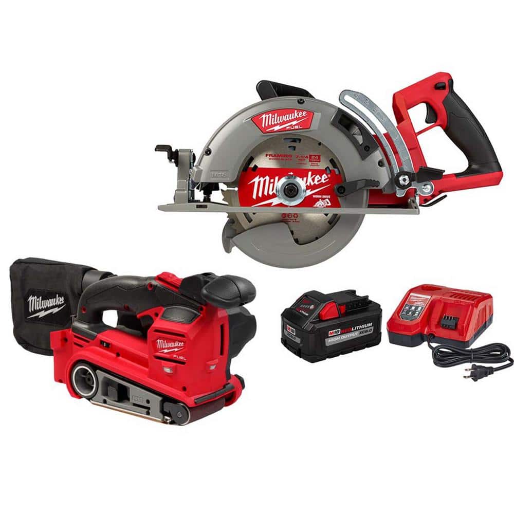 Milwaukee M18 FUEL 18V Lithium-Ion Cordless 7-1/4 in. Rear Handle Circular  Saw w/M18 FUEL Belt Sander and 8.0ah Starter Kit 2830-20-2832-20-48-59-1880  The Home Depot