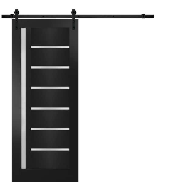28 in. x 84 in. 1 Panel Frosted Glass Black Matte Wood Sliding Barn Door with Hardware Kit