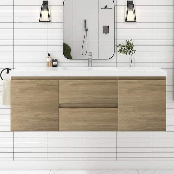 JimsMaison 60 in. W x 20 in. D x 22 in. H Single Sink Floating Bath Vanity in Natural Oak with Glossy White Resin Top