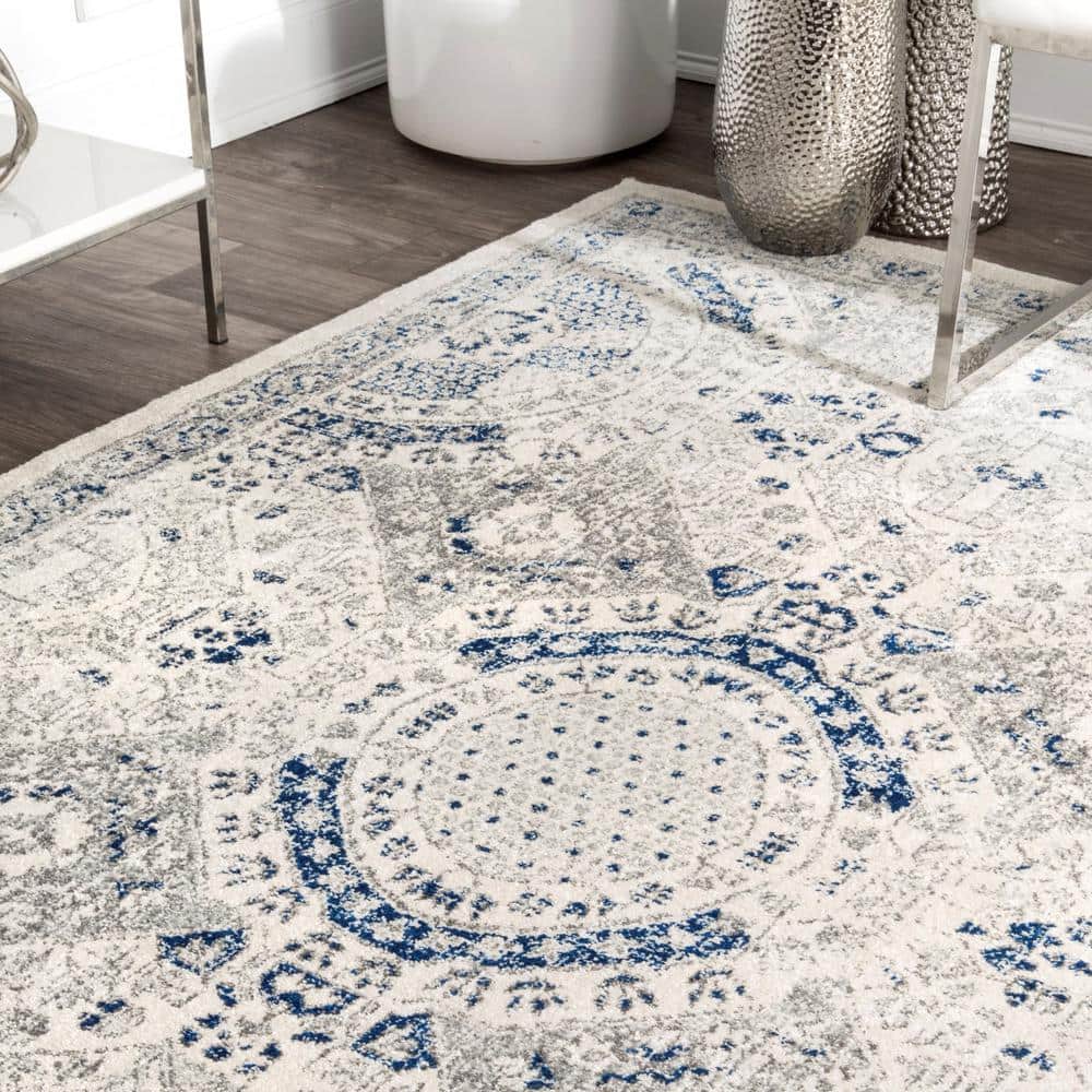 Vintage Blue and Off-White Medallion Synthetic Area Rug