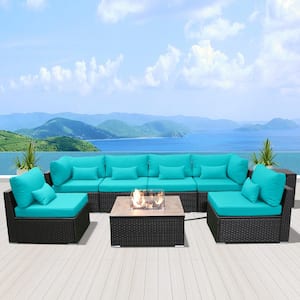 8-Piece Wicker Outdoor Patio Conversation Set with Propane Fire Pit Table(Turquoise-Square Table)