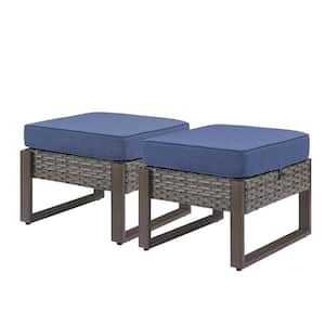 Rectangular Framed 2-Pack Wicker Outdoor Ottoman Steel Frame Footstool with Removable Blue Cushions