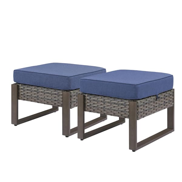 Pocassy Rectangular Framed 2-Pack Wicker Outdoor Ottoman Steel Frame Footstool with Removable Blue Cushions