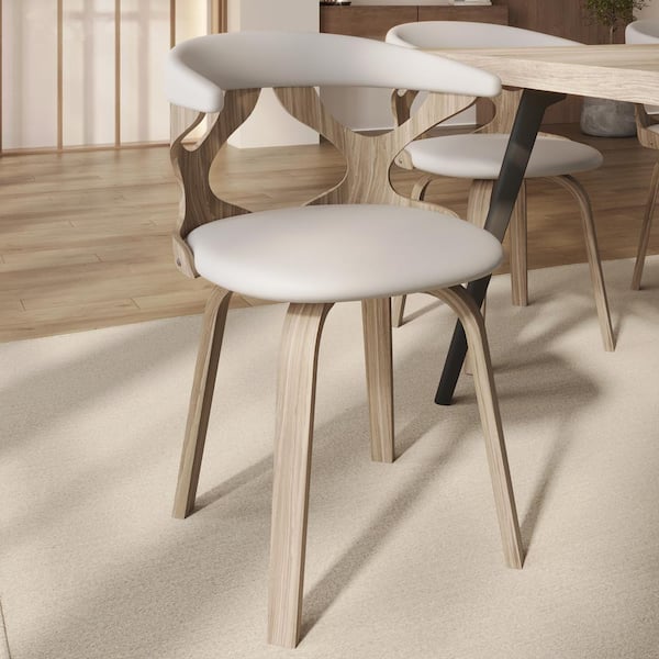 Dining Chairs Round Leather Seat with Solid Wood Legs Accent Arm Chair Curve Open Back in Washed Walnut/Light Grey