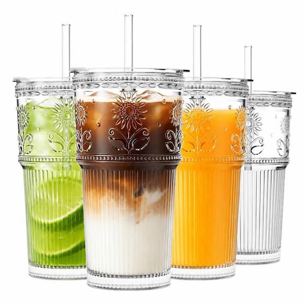 Set of 4 20 oz Sunflower Glass Cup with Lid Straw 3.54 x 6.69 in. Iced Coffee Smoothie Travel Tumbler