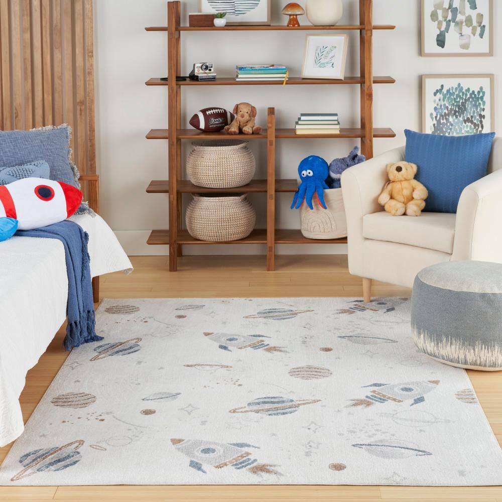Ivory Multicolor Space Theme Kids Washable Area Rug 5' x 7'
