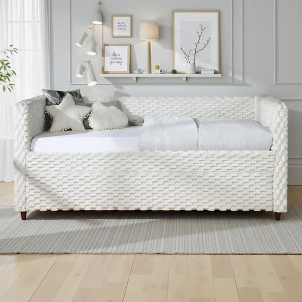 Lya White Dove Textured Tufted Upholstery Twin Daybed with Pull Out Trundle
