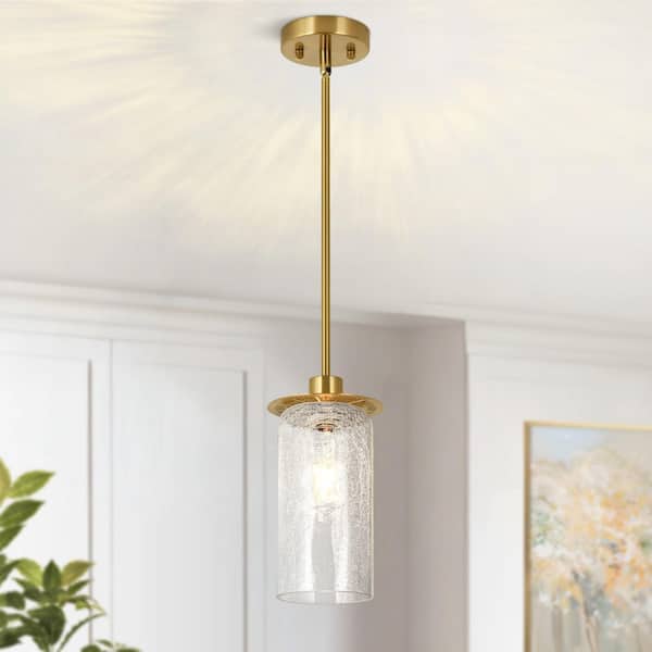 RayHome Modern Mid-Century 60W Gold Pendant Light with Crackled Glass Shade, 5.9 inch Hanging Island Light