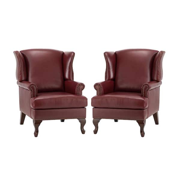 JAYDEN CREATION Johannes Burgundy Genuine Leather Armchair with Nailhead Trims (Set of 2)