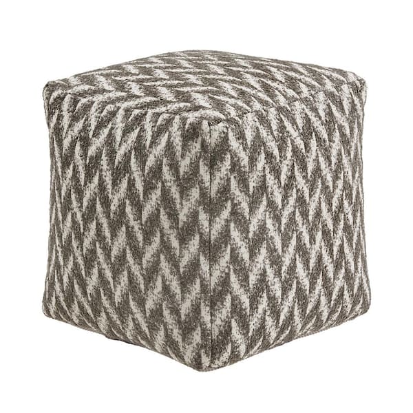 HomeSullivan Grey and White Herringbone Fabric Upholstered Square Pouf Ottoman