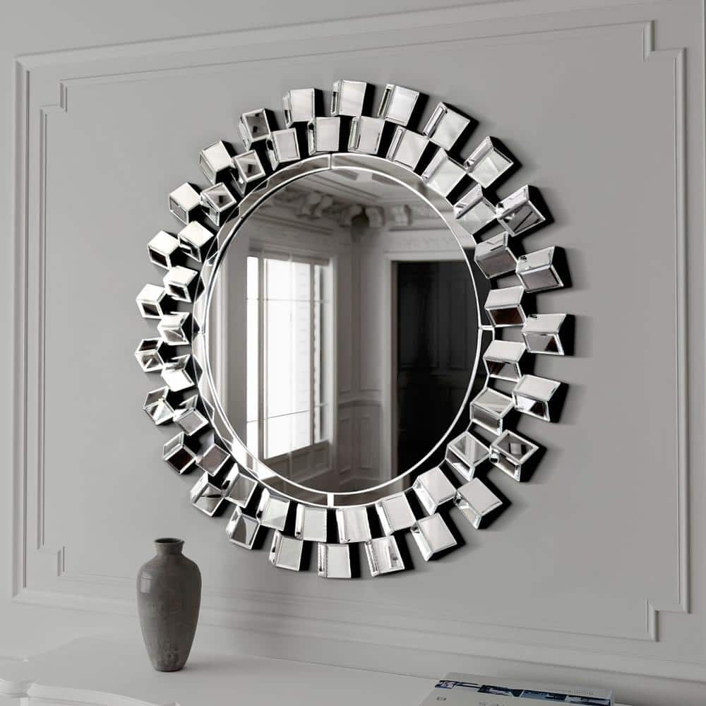 Elegant Silver Decorative Round Wall Mirror - 28 x 31.5 Inches