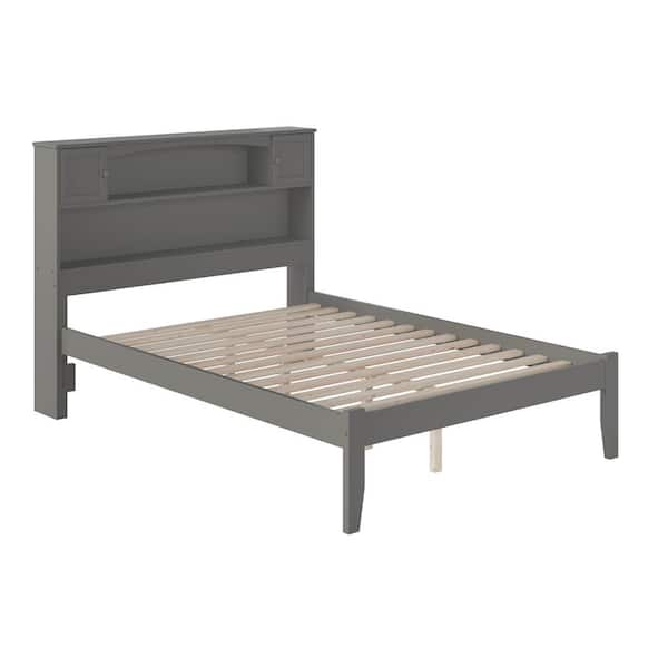 Newport Gray Hardwood Frame Full Panel Bed with Bookcase Headboard and Attachable USB Port Device Charger