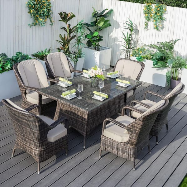Ozark Brown 7-Piece Wicker Rectangular Outdoor Dining Set with Beige Cushion