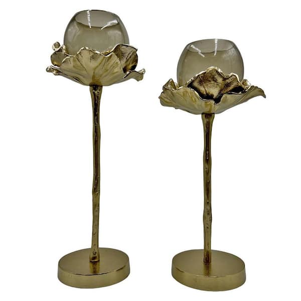 castellousa Gold Set of 2 Decorative Handmade Aluminum Metal and Glass Candle Holder