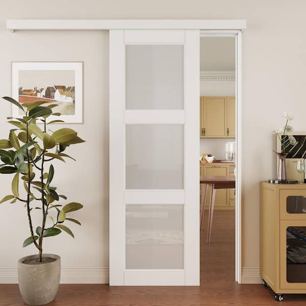 EH PUERTA 28 in. x 80 in. Hidden Track Style 3-Lite Tempered Frosted Glass White Primed MDF Sliding Barn Door with Hardware Kit