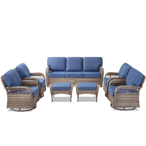 7-Piece Wicker Patio Conversation Set, 4-Swivel Chairs,1-Sofa and 2-Footstools with Blue Cushions