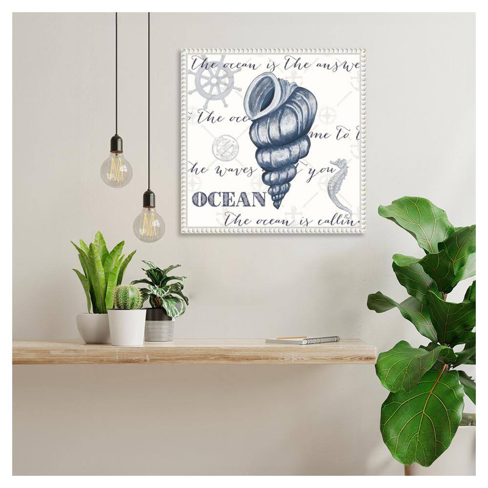 Indigo Ocean Treasures I Coastal Canvas Wall Art with White Beaded Frame