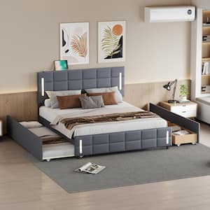 Gray Wood Frame Queen Size Upholstered Platform Bed with Trundle, Drawers, Smarter LED and USB Ports
