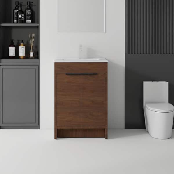 24" Brown Freestanding Bathroom Vanity with Sink,Drawer,Plywood Construction,Compact Bathroom Vanity