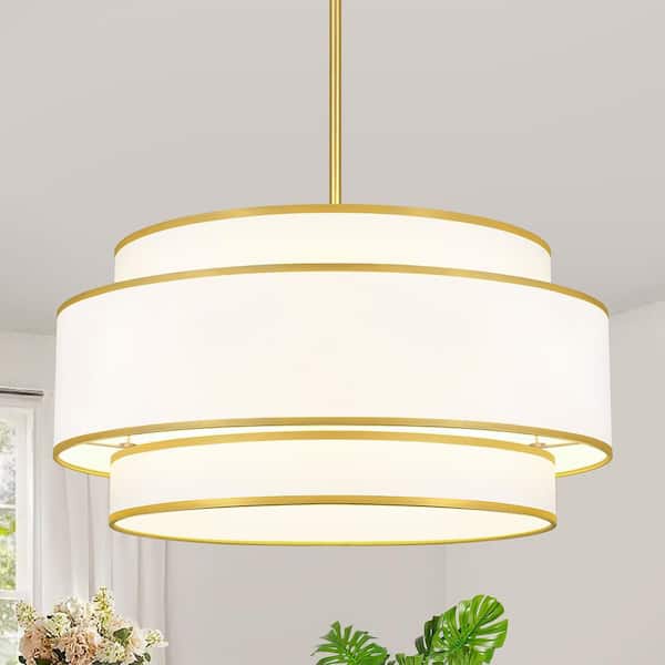 6-Light Gold Dimmable Modern Farmhouse Fabric Drum Chandelier for Living Room Kitchen Entryway