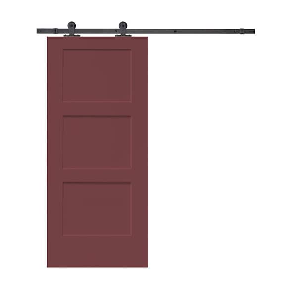 CALHOME 36 in. x 80 in. 3-Panel Maroon Stained Composite MDF Equal Style Interior Sliding Barn Door with Hardware Kit