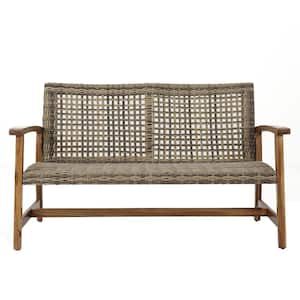 Natural Grey Wicker Outdoor Love Seat with Acacia Wood Finish for Patio, Garden , Backyard