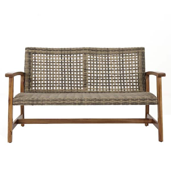 Misopily Natural Grey Wicker Outdoor Love Seat with Acacia Wood Finish for Patio, Garden , Backyard