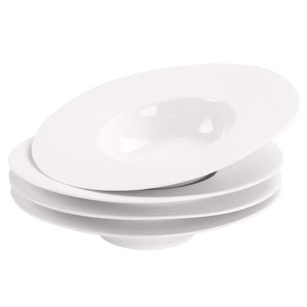 Embossed White 10 fl. oz. Porcelain Wide Rim Salad and Soup Bowls Set of 4 Classic Dinnerware
