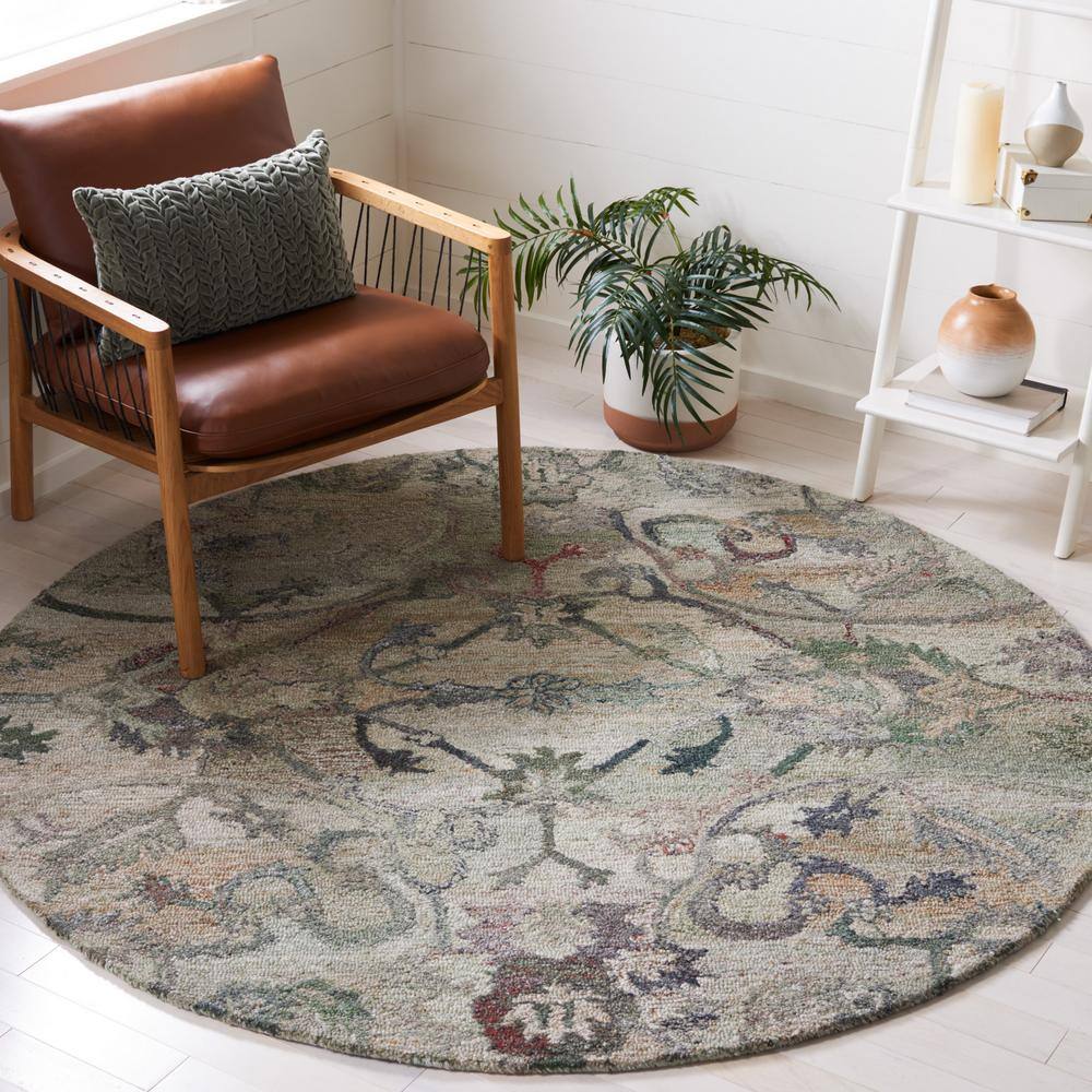 Handmade Sage and Beige Round Wool Area Rug with Cotton Backing