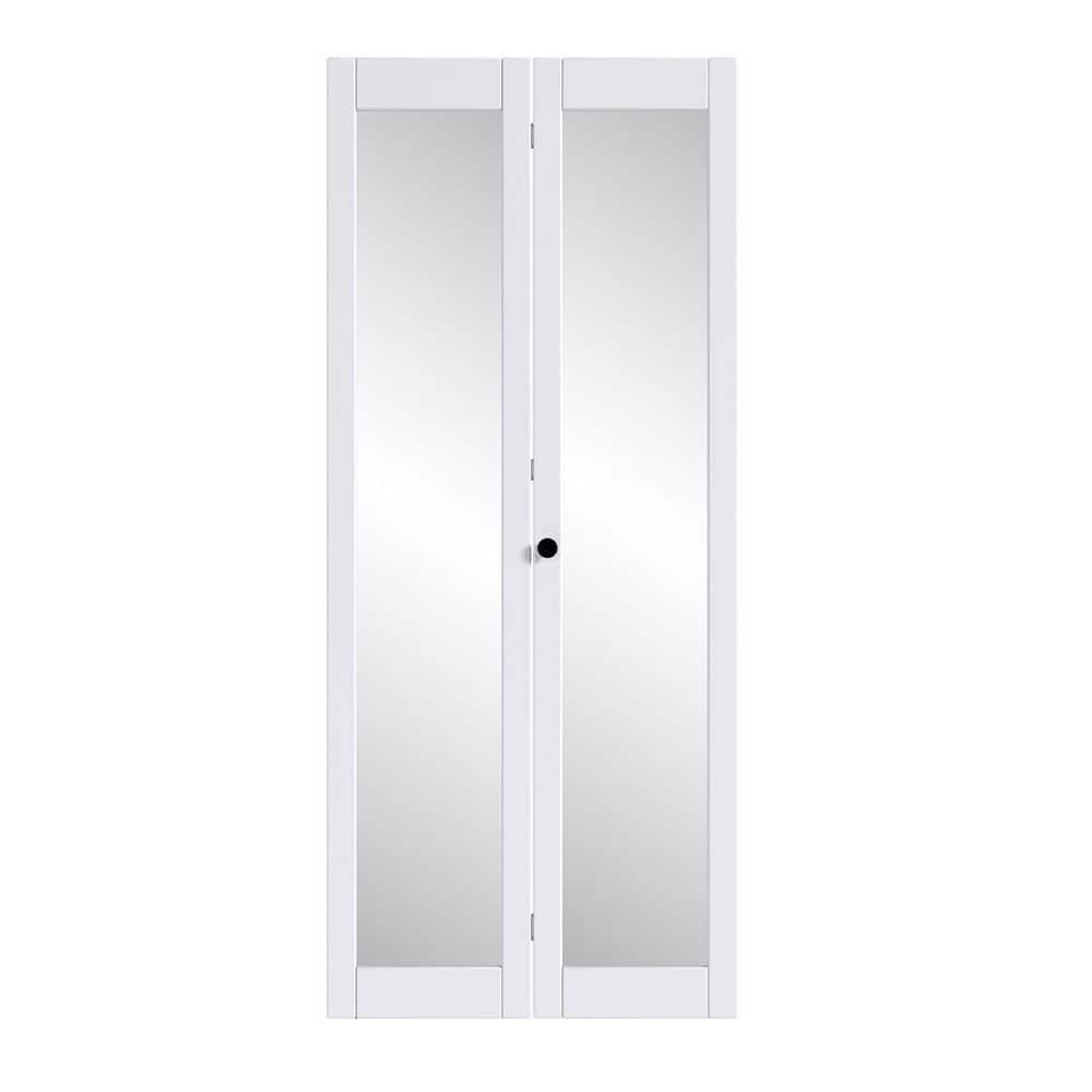 30 in. x 80 in. 1-Lite Mirror Glass White Finished Solid Core Wood Interior Closet Bi-Fold Door with Hardware price history on PriceWatchPro
