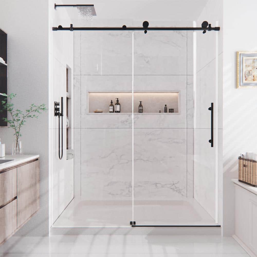 "56"" to 60"" W x 74"" H Frameless Single Sliding Shower Door in Matte Black with Clear Glass" price history on PriceWatchPro
