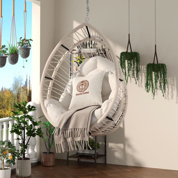 Outdoor Indoor Wicker Garden Egg Patio Swing Chair Hanging chair with Off White Cushion