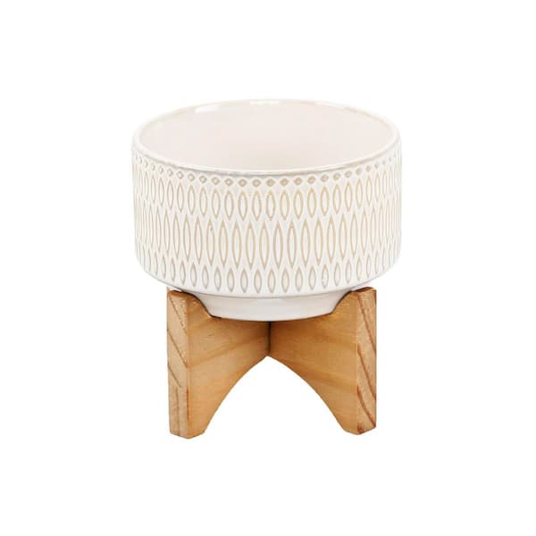 4.3 in. Gianna Small Ivory White Ceramic Pot (4.3 in. D x 4.75 in. H) with Stand
