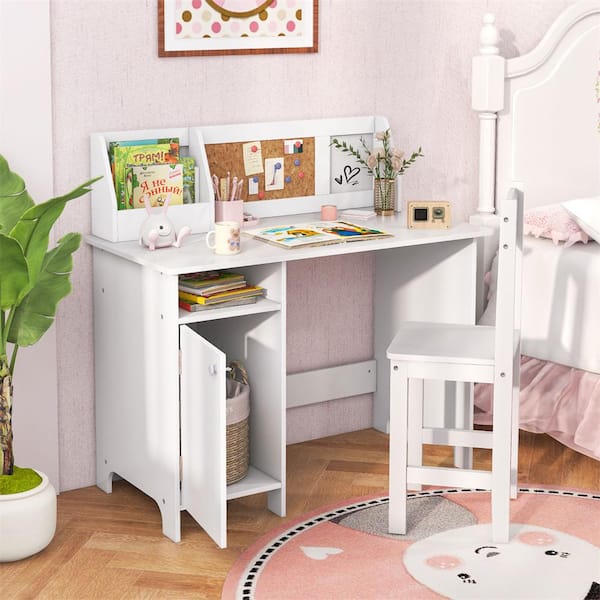 2-Piece Wood Top Kids Desk and Chair Set Study Writing Workstation with Bookshelf and Bulletin Board