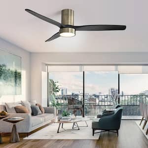 52 in. LED Indoor/Outdoor Gold Flush Mount Ceiling Fan with 3 Reversible Black Wood Blades and 6-Speed DC Remote