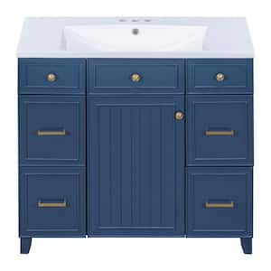 36 in. W x 18 in. D x 34.3 in. H Freestanding Navy Blue Linen Cabinet with 3-Drawers and White Resin Sink Top