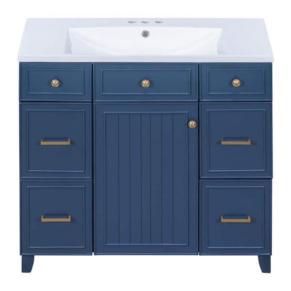 36 in. W x 18 in. D x 34.3 in. H Freestanding Navy Blue Linen Cabinet with 3-Drawers and White Resin Sink Top