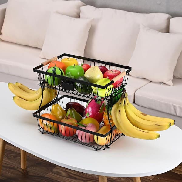 2 Piece Detachable 2 Tier Rectangular Fruit Basket Bowl with Banana Hangers Metal Wire Kitchen Countertop Organizer Set
