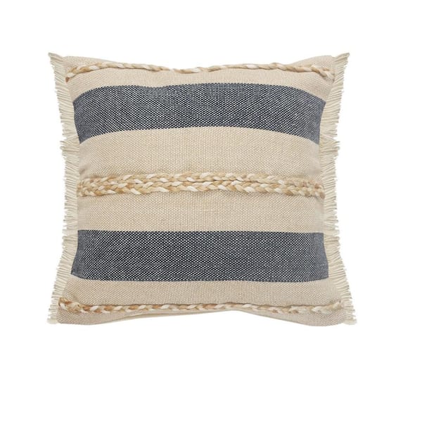 Unbranded Atlantis Coastal Tan 24 in. x 24 in. Striped Jute Braided Fringe Indoor Throw Pillow