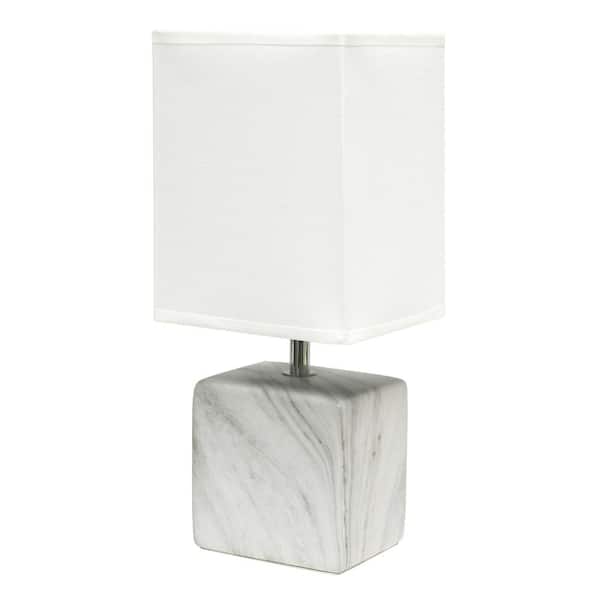 Simple Designs 11.8 in. White Marbled Ceramic Table Lamp with White Fabric Shade