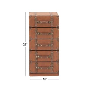 5 Drawers Brown Wood Faux Leather Chest with Buckle and Strap Detailing 35 in. X 16 in. X 14 in.