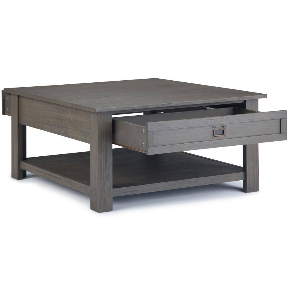 Farmhouse Gray 38" Square Acacia Wood Coffee Table with Storage