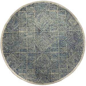 Zeno Blue/Cream 4 ft. 10 in. Round Intricate Geometric Wool Area Rug