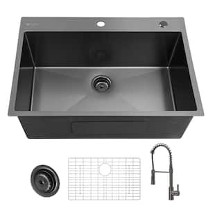 33 in. Drop-In Single Bowl 18 Gauge Gunmetal Black Stainless Steel Kitchen Sink with Black Spring Neck Faucet