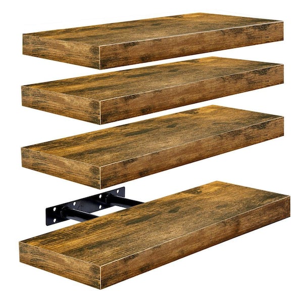 Set of 4 Floating Shelves, Wall Mounted for Home Decor, 16.25 in. W x 5.5 in. D Walnut Wood Decorative Wall Shelf