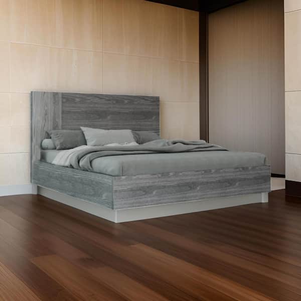 Benjara Noe Zid Gray Wood Frame Queen Size Platform Bed with Headboard