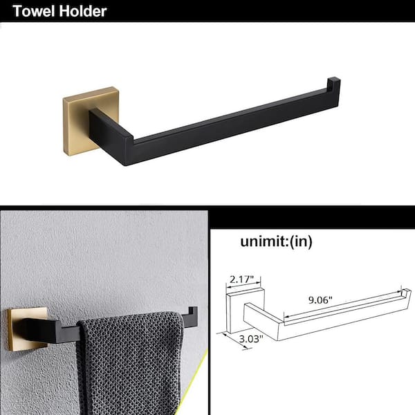 5-Piece Bath Hardware Set with Towel Bar Toilet Paper Holder Double Towel Hook in Stainless Steel Black+Brushed Gold