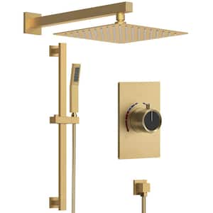 Bathroom Showers with Valve 2-Spray Dual Wall Mount 10 in. Fixed and Handheld Shower Head 2.5 GPM in Brushed Gold